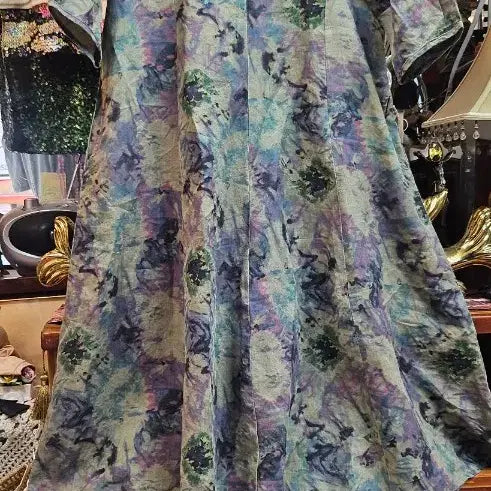 [BUNJANG] Linen Tie-Dye Long Dress with Flower Brooch / 린넨마나염 롱원피스