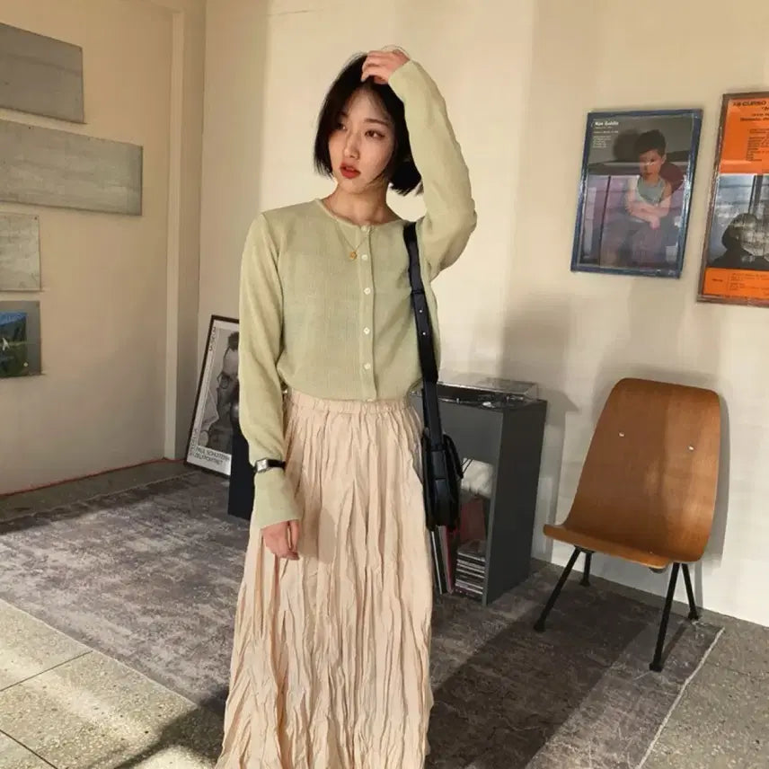[SOLD OUT] 베이지 주름 링클 롱치마