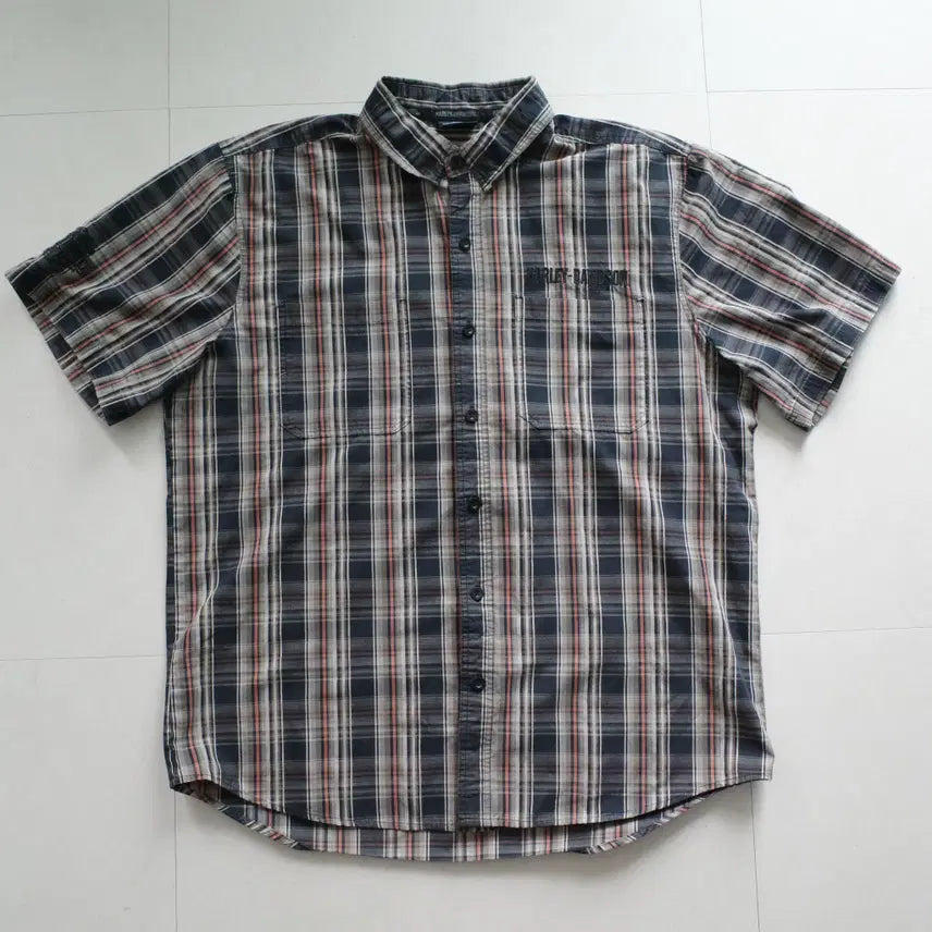 [SOLD OUT] 할리데이비슨 자수 로고 체크 반팔 셔츠 XL