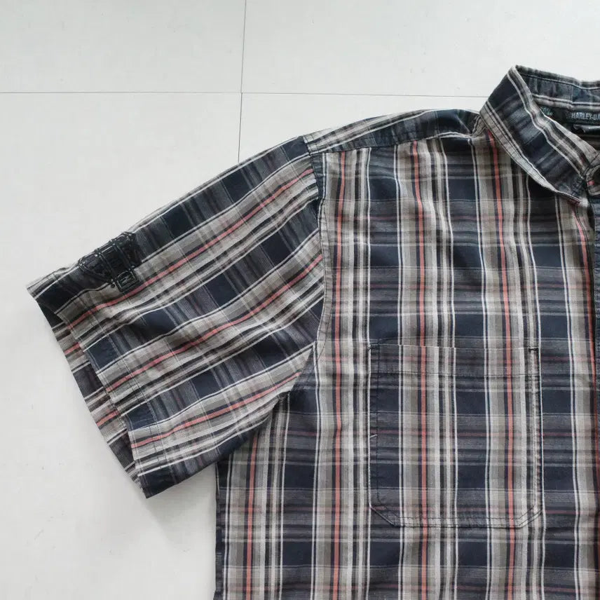 [SOLD OUT] 할리데이비슨 자수 로고 체크 반팔 셔츠 XL