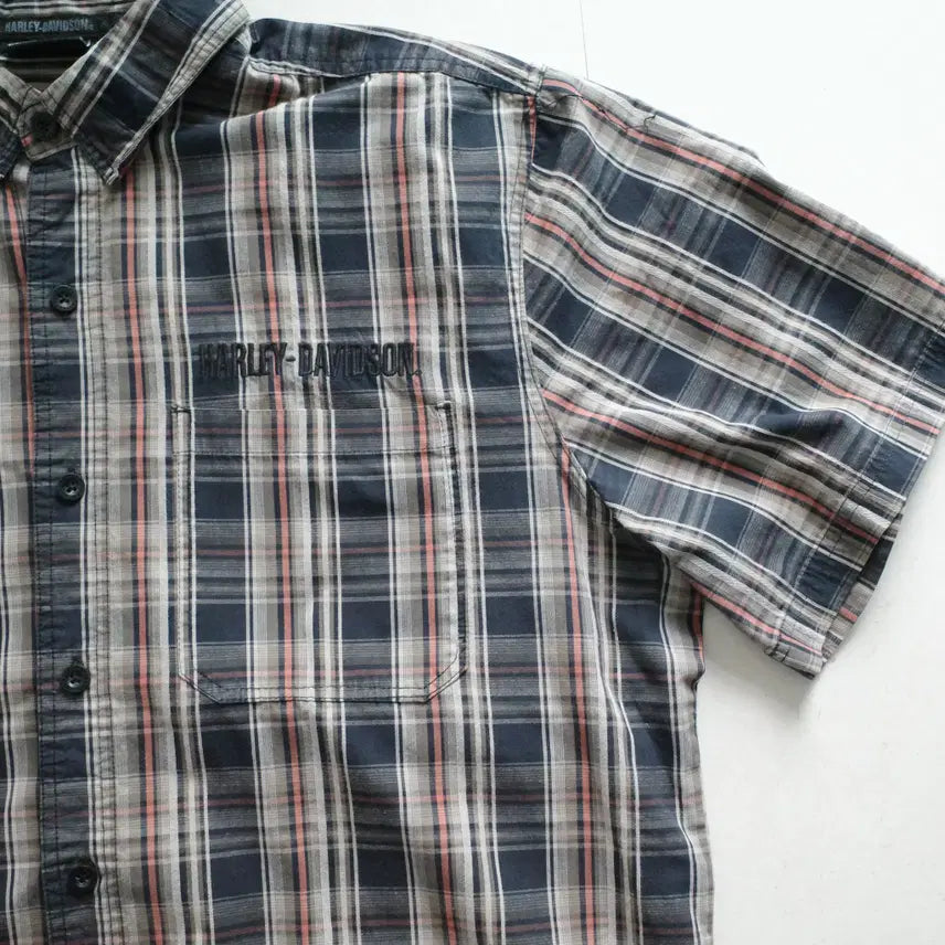 [SOLD OUT] 할리데이비슨 자수 로고 체크 반팔 셔츠 XL