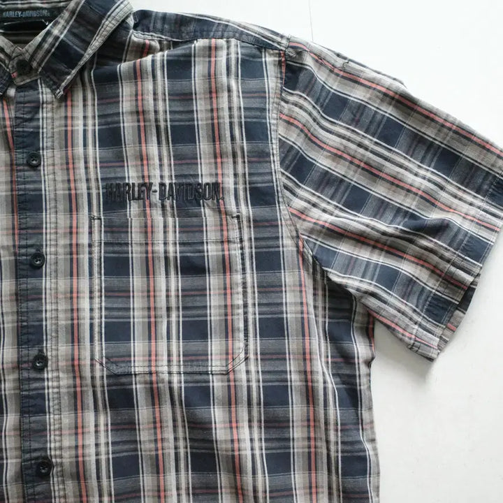 [SOLD OUT] 할리데이비슨 자수 로고 체크 반팔 셔츠 XL