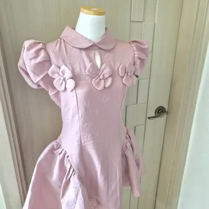 [BUNJANG] Light Purple Floral Lace Puff Sleeve Midi Dress / 연보라색 플로럴 레이스 퍼프 소매 원피스