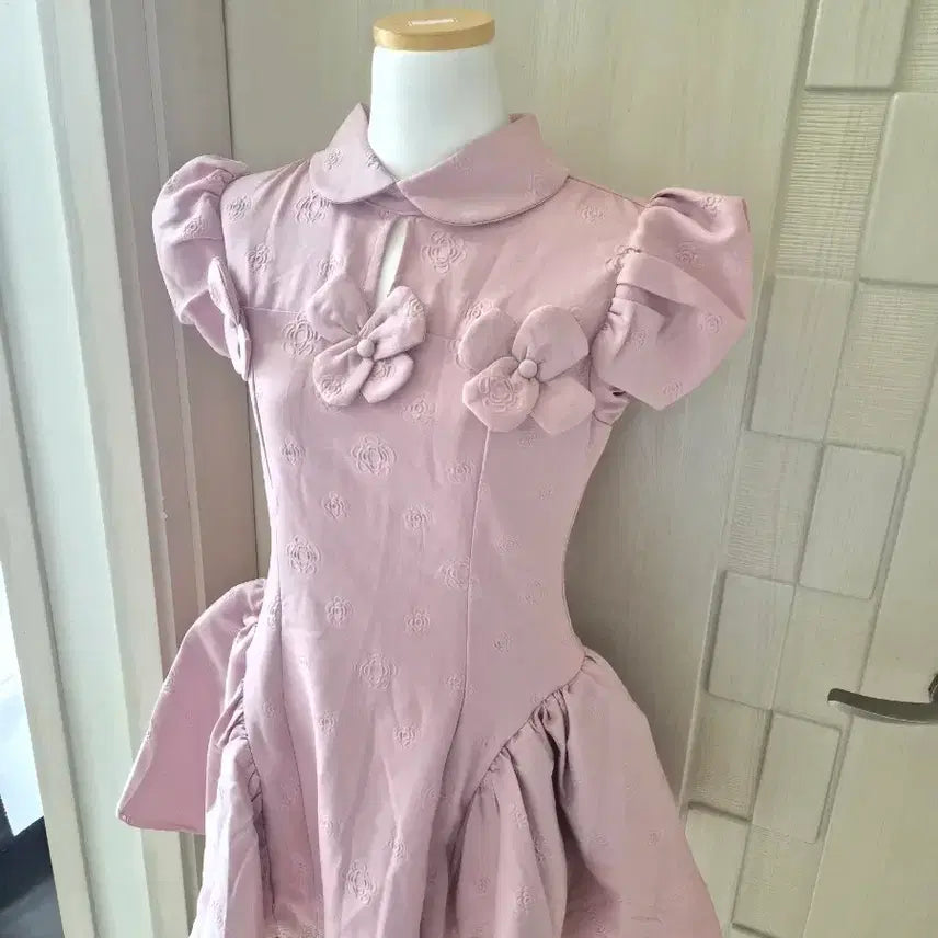 [BUNJANG] Light Purple Floral Lace Puff Sleeve Midi Dress / 연보라색 플로럴 레이스 퍼프 소매 원피스