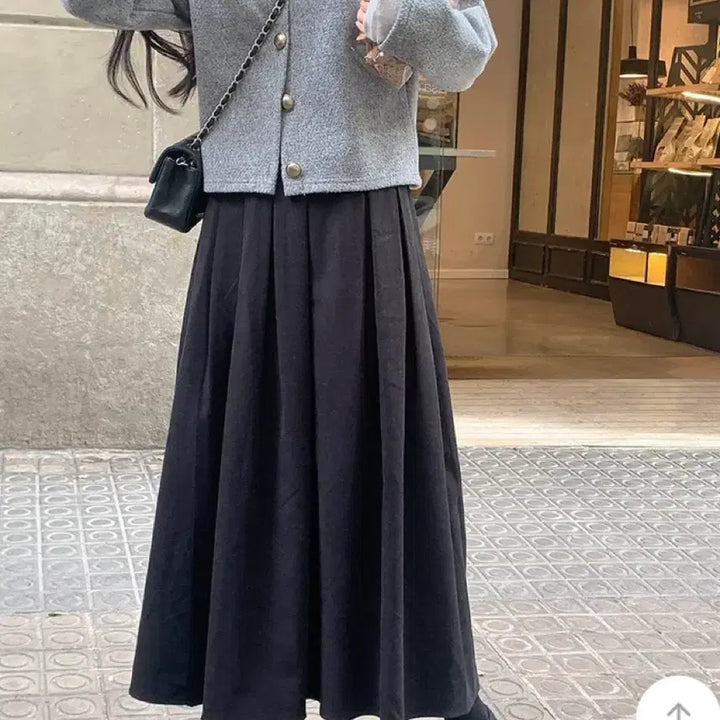 [BUNJANG] Fine Thank You Rose Winter Pleats Long Skirt with Back Banding - Black / 단종 새상품)파인땡큐 로즈윈터플리츠 롱 뒷밴딩 스커트-블랙