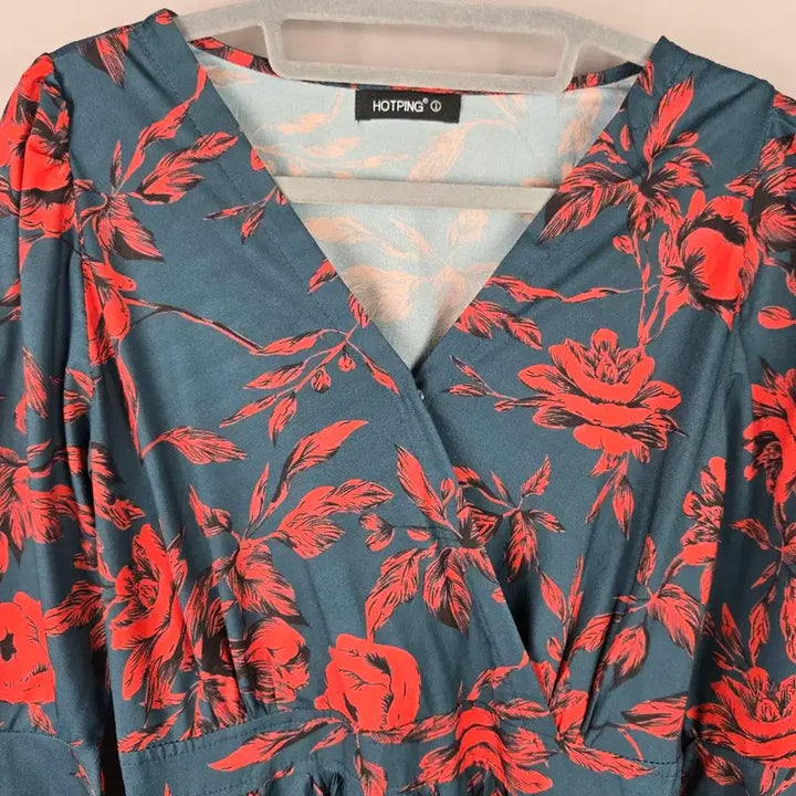 [BUNJANG] Hotping 7-Sleeve Banding Flower Long Dress Size 1 / [무료배송]핫핑 1 스판 얇은 원단 7부 소매 밴딩 플라워 롱 원피스