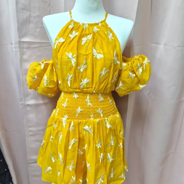 [BUNJANG] Butterfly Embroidery Sleeveless Jumpsuit / 나비 자수 옐로우 민소매 점프수트