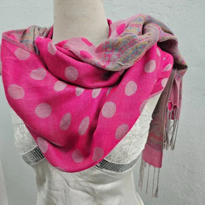 [BUNJANG] Vintage Pink Polka Dot Scarf with Tassels / 스카프 여 J6164