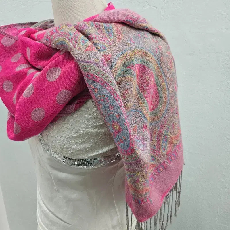 [BUNJANG] Vintage Pink Polka Dot Scarf with Tassels / 스카프 여 J6164