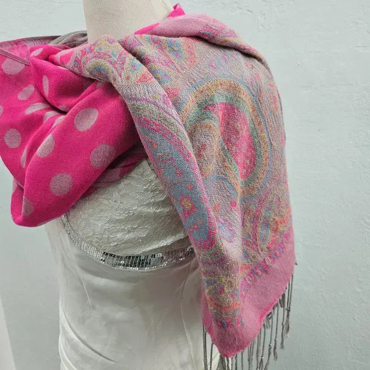 [BUNJANG] Vintage Pink Polka Dot Scarf with Tassels / 스카프 여 J6164