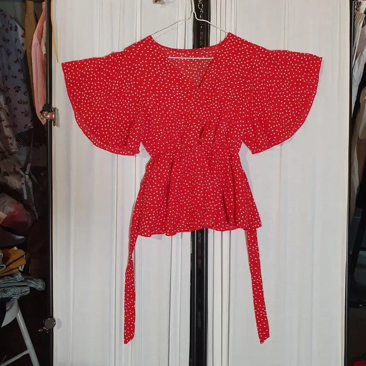 [BUNJANG] Red Dot Pattern Puff Sleeve Blouse / 레드 도트 패턴 퍼프소매 블라우스  2508641