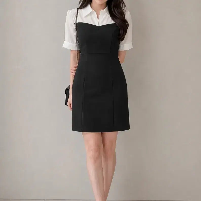 [BUNJANG] Black &amp; White Collar Puff Sleeve Dress M / 블랙앤화이트 카라 퍼프소매 원피스 M