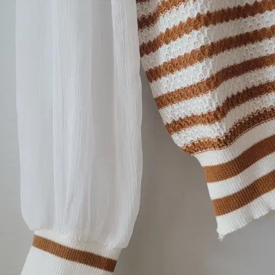 [BUNJANG] Brown White Chiffon Sleeve T-shirt / 브라운 화이트 쉬폰소매 티셔츠