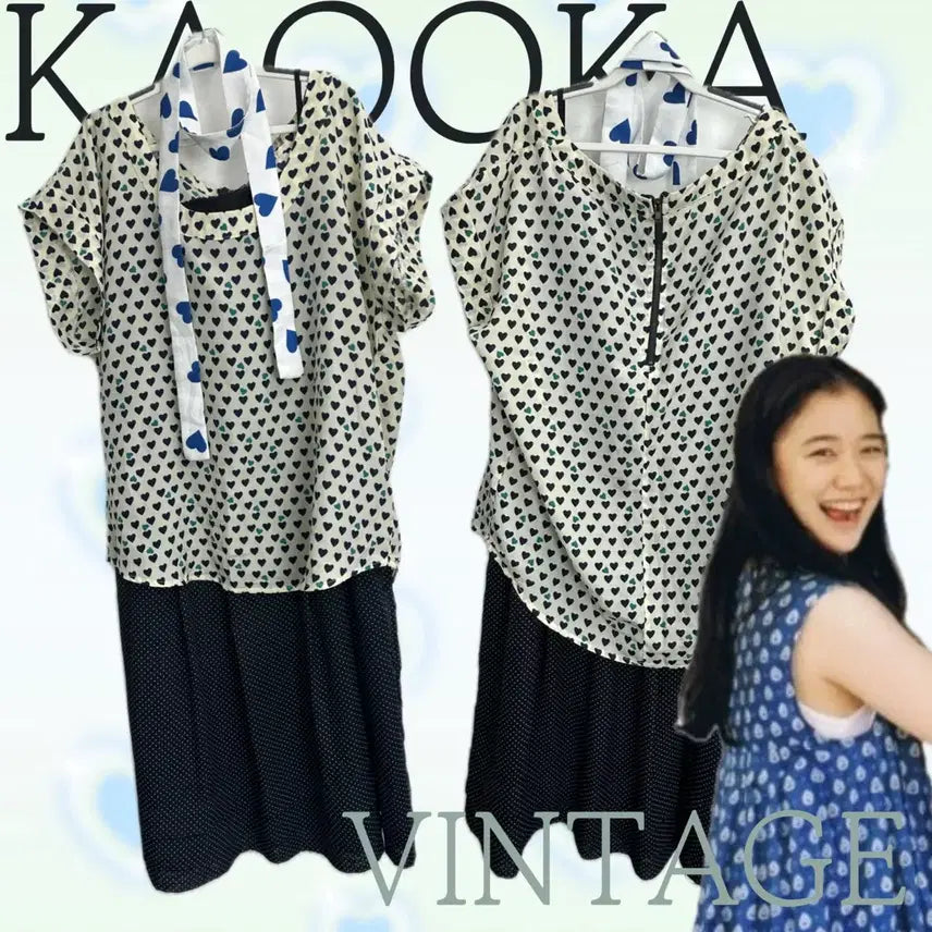 [SOLD OUT] 일본빈티지 러블리 괴짜 패턴 블라우스 도트원피스 레이어드 코디세트