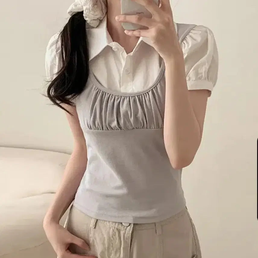 [SOLD OUT] 일체형 뷔스티에 레이어드 셔츠 블라우스 (소라색)