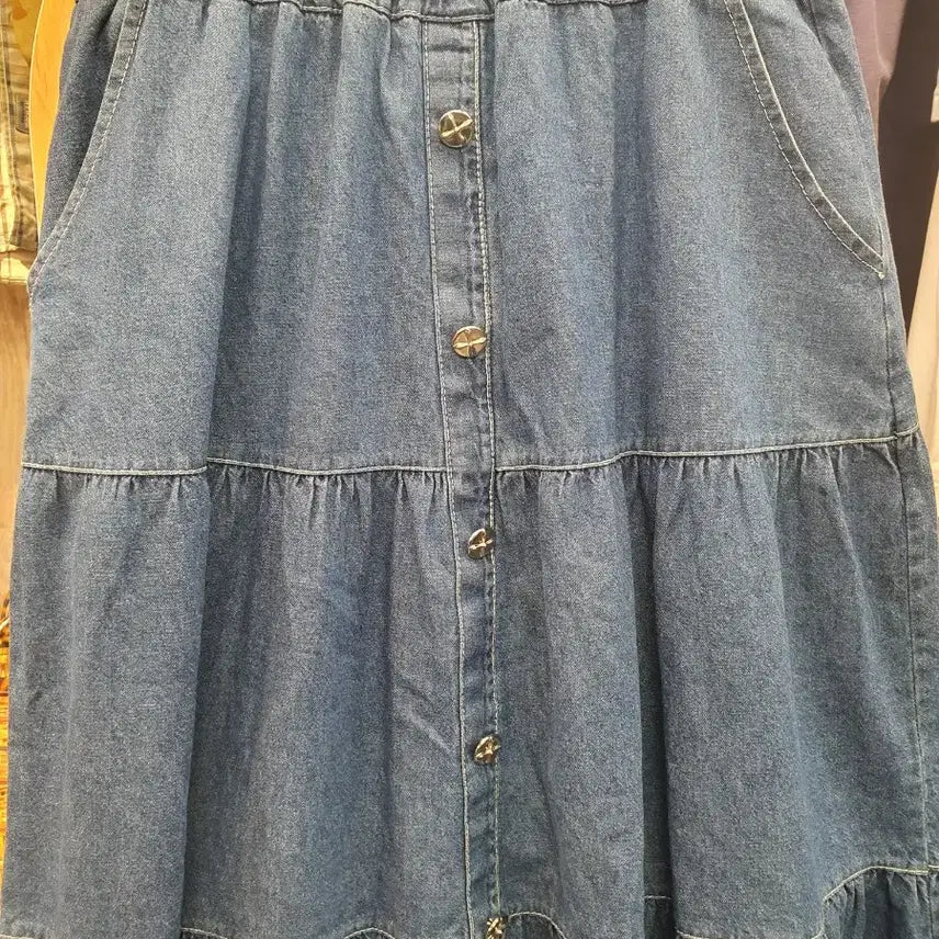 [BUNJANG] 100% Cotton Tiered Maxi Skirt / [FREE] 면 100% 허리밴딩 데님 캉캉 롱 스커트 (상태 최상)