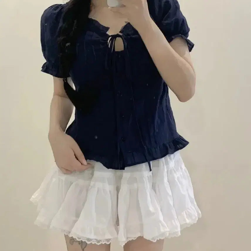 [BUNJANG] Haruru Navy Pintuck Ribbon Frill Lace Short Sleeve Blouse / [새제품]하르르 네이비 핀턱 리본프릴 레이스 반팔블라우스