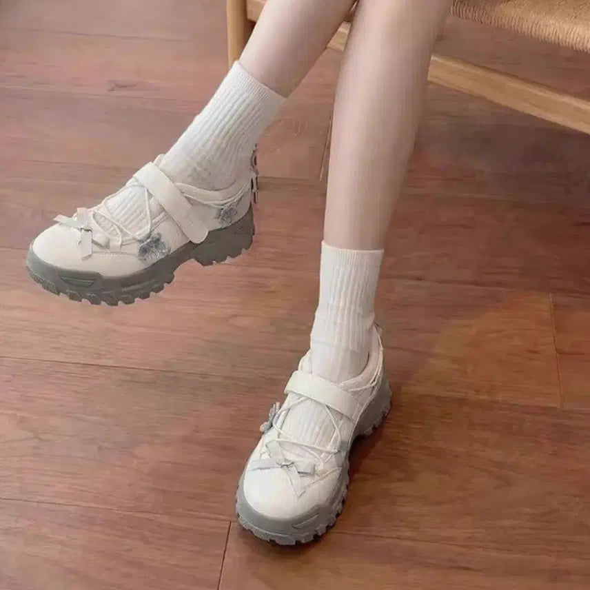 [BUNJANG] White Ribbon Platform Sneakers / 화이트 리본 스트랩 통굽 스니커즈 팔아요!