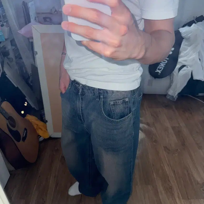 [BUNJANG] Vintage Cat Washing Wide Denim Pants / 빈티지 캣워싱 와이드 데님 팬츠