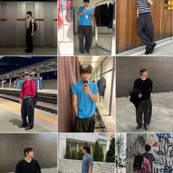 [BUNJANG] Known Wide Tapered Pants Stripe Charcoal / 노운 와이드 테이퍼드 팬츠 스트라이프 차콜 (1)