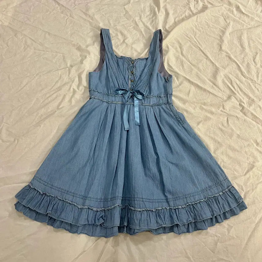 [BUNJANG] Axisfarm Denim Blue Frill Ribbon Peplum Dress / 엑시즈팜 데님 청 프릴 리본 캉캉 원피스 모리걸 하구미