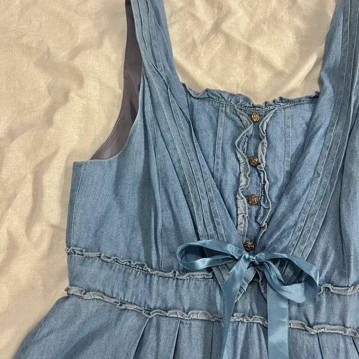 [BUNJANG] Axisfarm Denim Blue Frill Ribbon Peplum Dress / 엑시즈팜 데님 청 프릴 리본 캉캉 원피스 모리걸 하구미