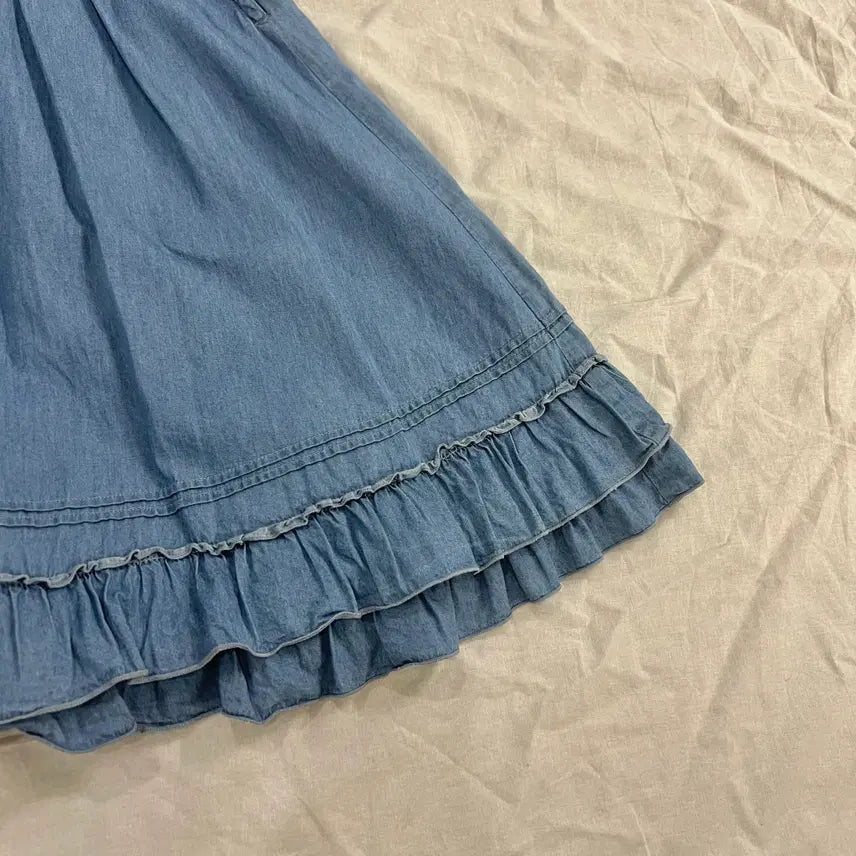 [BUNJANG] Axisfarm Denim Blue Frill Ribbon Peplum Dress / 엑시즈팜 데님 청 프릴 리본 캉캉 원피스 모리걸 하구미