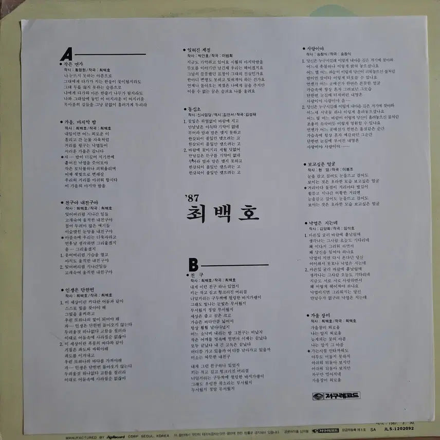 [SOLD OUT] 최백호 작은 연가 LP