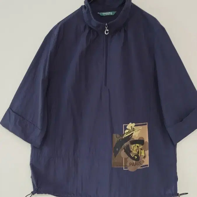 [SOLD OUT] 크로커다일 네이비 얇은 바시락 박시핏 자크 반오픈 블라우스