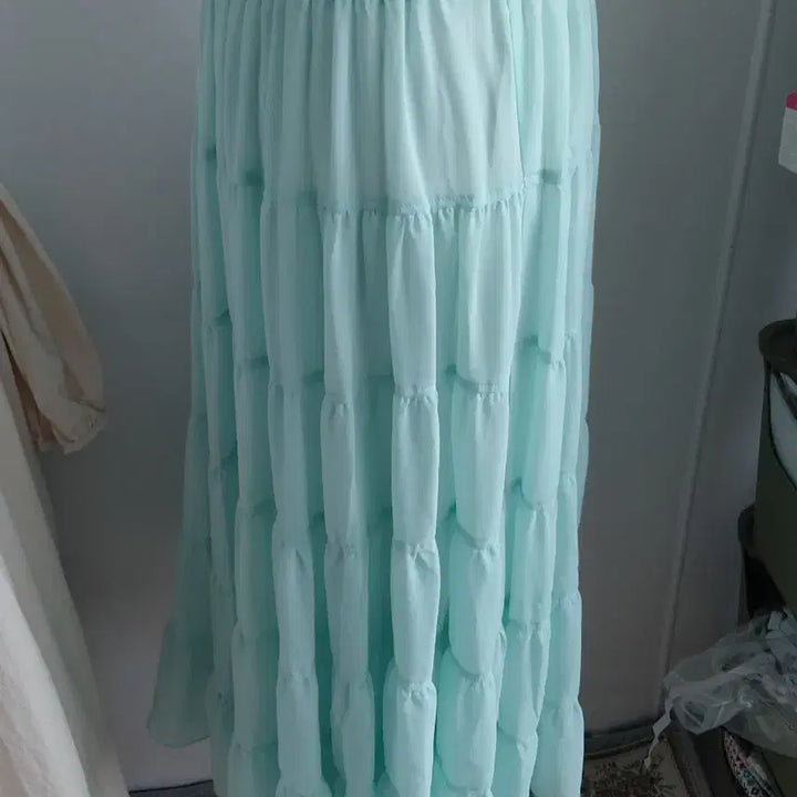 [SOLD OUT] [빈티지] 하늘민트 쉬폰 프릴 롱스커트