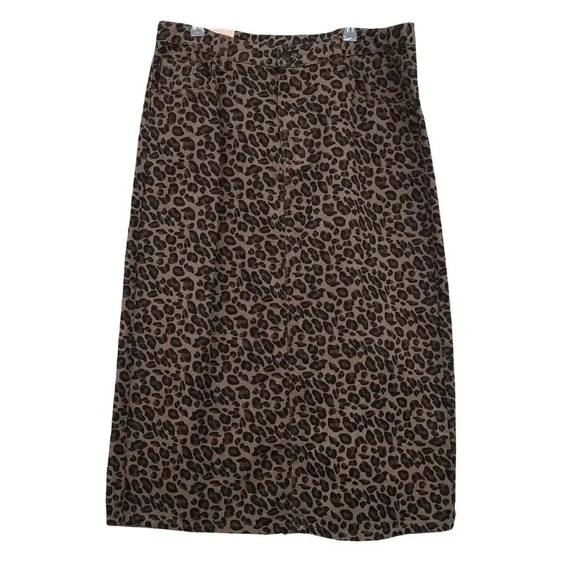 [BUNJANG] Brown Leopard Print Cotton Polyurethane Blend Midi Skirt / 브라운 호피패턴 스커트 F