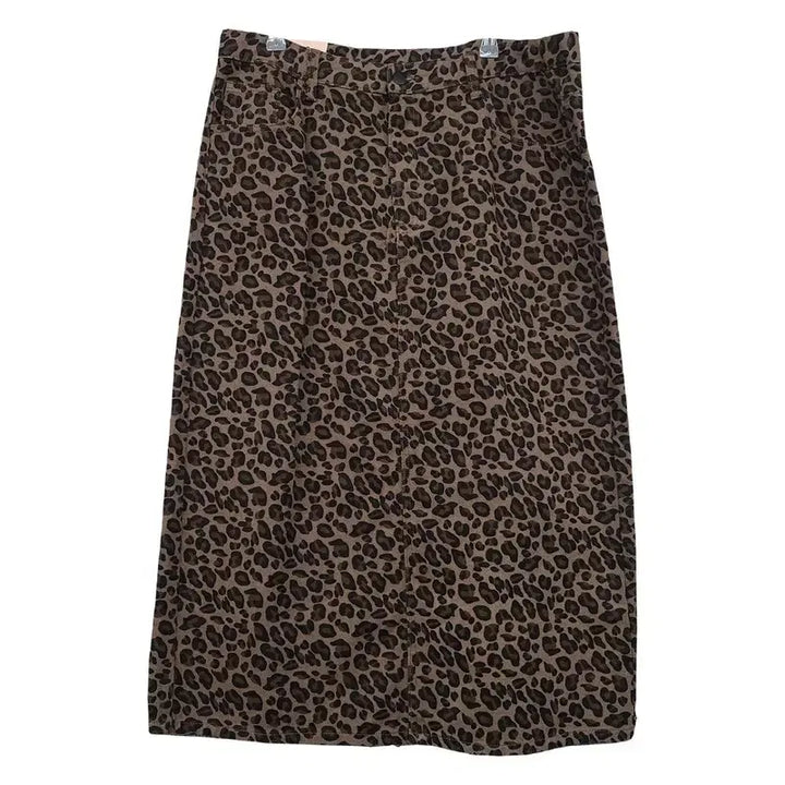 [BUNJANG] Brown Leopard Print Cotton Polyurethane Blend Midi Skirt / 브라운 호피패턴 스커트 F