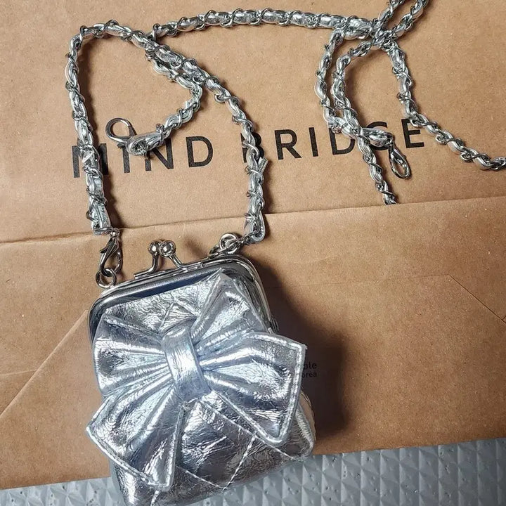 [BUNJANG] Silver Quilted Mini Chain Bag with Ribbon Detail / 미니백