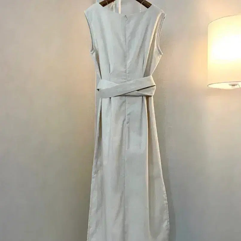 [BUNJANG] Linen Cotton Blend V-Neck Shirtdress with Belt - Beige / 롱나시 면린넨 베이지브이넥 셔츠벨트  원피스