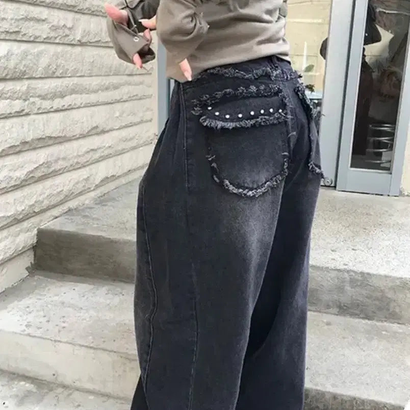 [BUNJANG] Vintage Mood Metal Point Wide Black Denim Pants / [빈티지무드]메탈 포인트 와이드 흑청데님팬츠