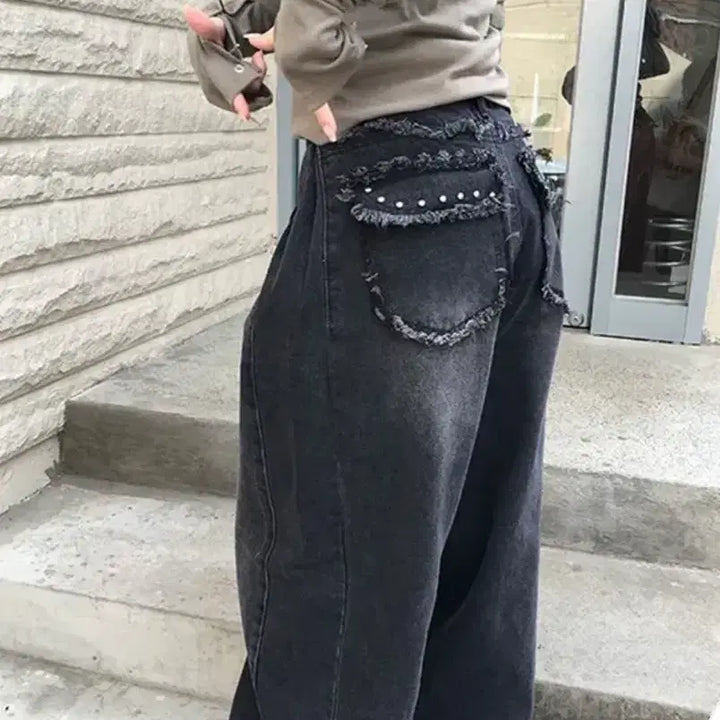 [BUNJANG] Vintage Mood Metal Point Wide Black Denim Pants / [빈티지무드]메탈 포인트 와이드 흑청데님팬츠