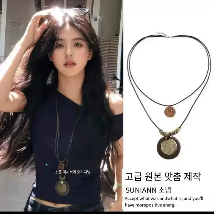 [BUNJANG] SUNIANN Wooden Round Pendant Necklace / SUNIANN 소념 목걸이 나무 원형 팬던트60-65cm