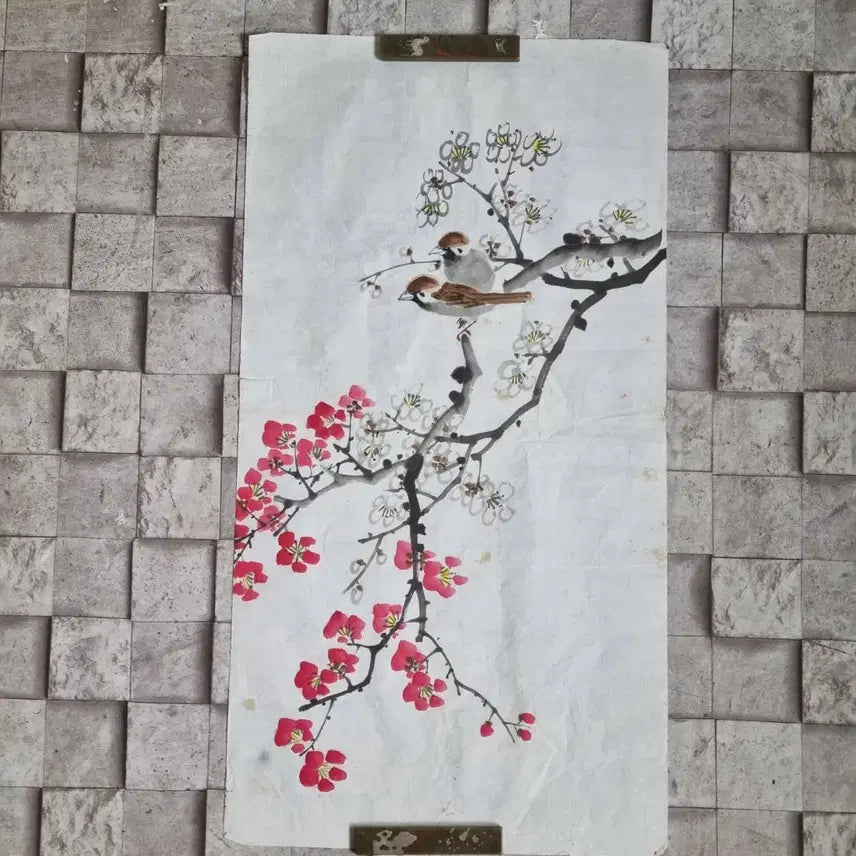 [BUNJANG] Korean Traditional Painting Plum Blossoms and Sparrows / 매조도 알그림. 가로33 세로62