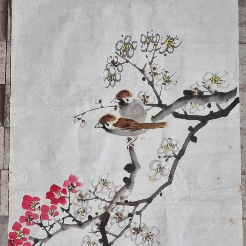 [BUNJANG] Korean Traditional Painting Plum Blossoms and Sparrows / 매조도 알그림. 가로33 세로62