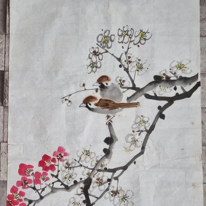 [BUNJANG] Korean Traditional Painting Plum Blossoms and Sparrows / 매조도 알그림. 가로33 세로62