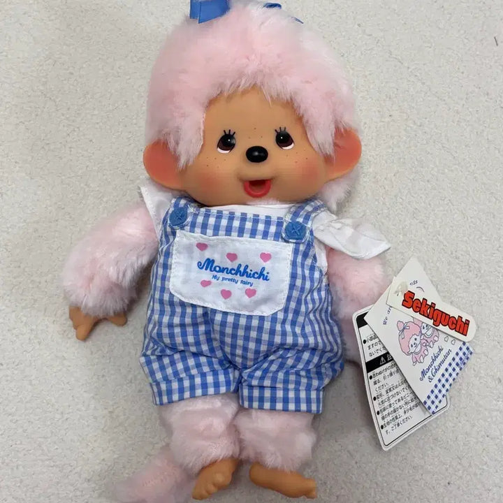 [BUNJANG] Pink Monchhichi Check Overalls (M Size) / 몬치치 핑크 체크멜빵 M 사이즈