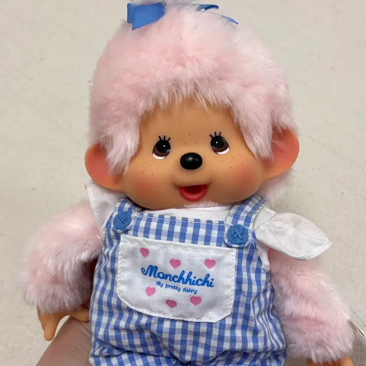 [BUNJANG] Pink Monchhichi Check Overalls (M Size) / 몬치치 핑크 체크멜빵 M 사이즈