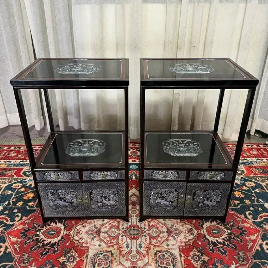 [BUNJANG] 1970s Vintage Namun Mother-of-Pearl Inlaid Lacquerware Gabgapsal Table Set / 70년대 빈티지 명품 남운자개 나전칠기 귀갑문 사방탁자 SET