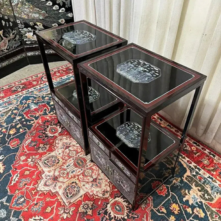 [BUNJANG] 1970s Vintage Namun Mother-of-Pearl Inlaid Lacquerware Gabgapsal Table Set / 70년대 빈티지 명품 남운자개 나전칠기 귀갑문 사방탁자 SET