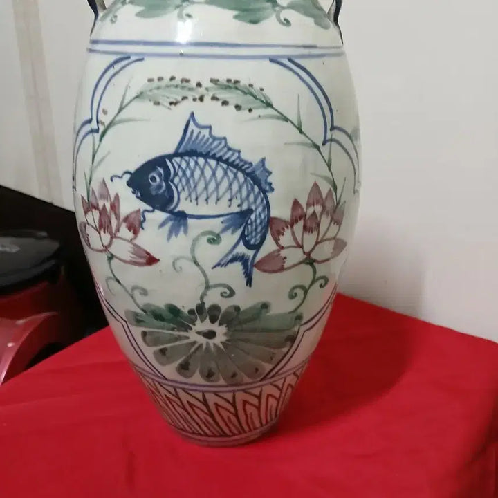 [BUNJANG] Celadon Porcelain Vase with Fish and Chrysanthemum Motif / 청화 백자