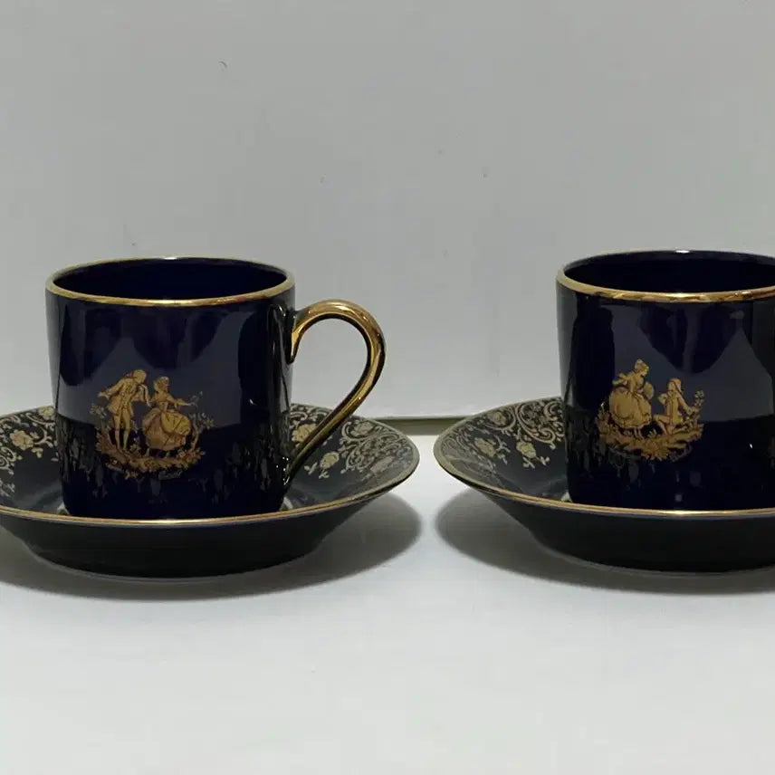 [BUNJANG] Limoges Vintage Demitasse Teacup Set - Cobalt Blue &amp; Gold Floral / 리모지 빈티지 찻잔 코발트 명화데미타세찻잔