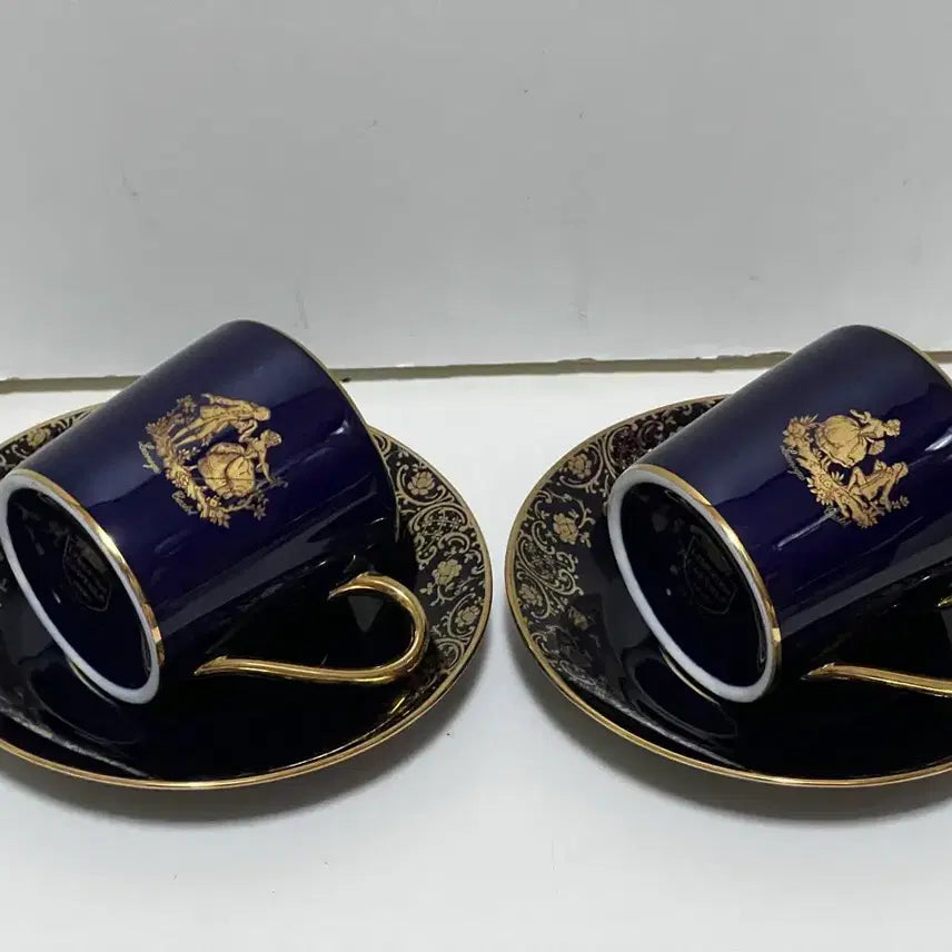 [BUNJANG] Limoges Vintage Demitasse Teacup Set - Cobalt Blue &amp; Gold Floral / 리모지 빈티지 찻잔 코발트 명화데미타세찻잔