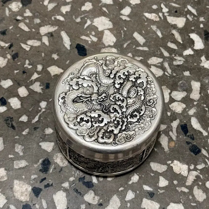 [BUNJANG] White Brass Cylindrical Tea Caddy with Dragon Motif / 백동 차통 용문양 원형 차통 찻잎 보관함
