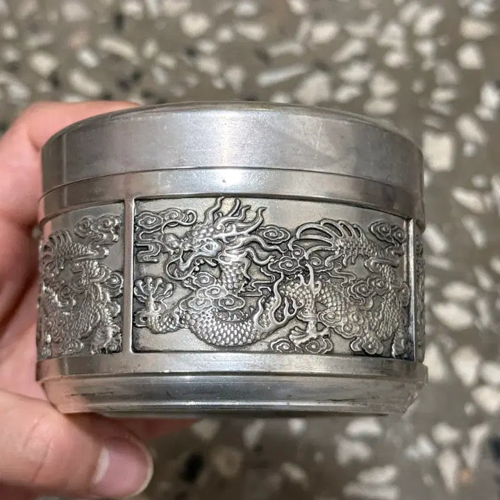 [BUNJANG] White Brass Cylindrical Tea Caddy with Dragon Motif / 백동 차통 용문양 원형 차통 찻잎 보관함