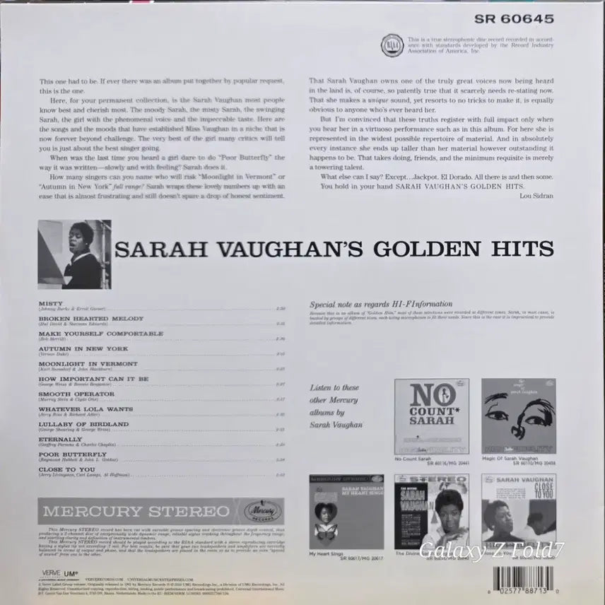 [BUNJANG] Sarah Vaughan Golden Hits LP Record / BA-543. 재즈. mercury  사라 본  골든 히트 LP